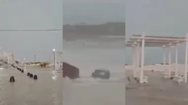 Fuerte temporal en Las Grutas: el agua arrastró un vehículo al mar