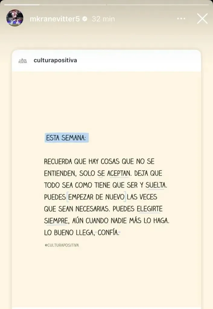 El posteo de Matias Kranevitter en su cuenta personal de Instagram tras enterarse de su exclusión en el plantel profesional.