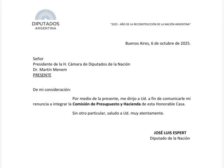 La nota presentada al presidente por parte del Diputado saliente de la Comisión de Presupuesto.