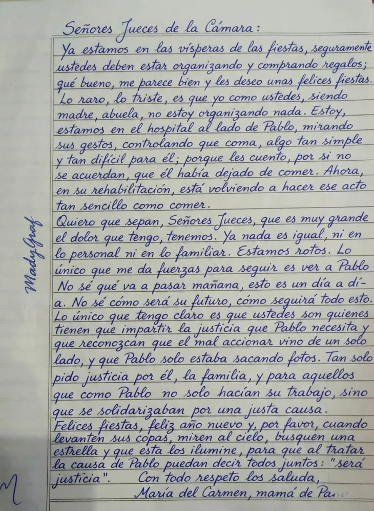 Carta manuscrita de la madre de Pablo Grillo reclamando justicia a los jueces de la C&aacute;mara Federal en Navidad.