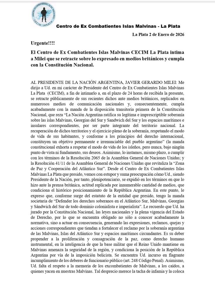 La intimaci&oacute;n enviada por el CECIM La Plata al presidente Javier Milei el 2 de enero de 2026, donde se detalla el ultim&aacute;tum de 24 horas para retractarse.