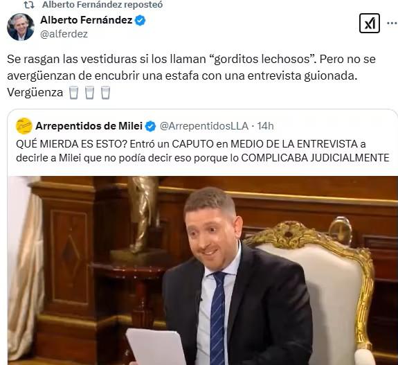 Alberto Fern&aacute;ndez critic&oacute; a Jonatan Viale por la interrupci&oacute;n de Santiago Caputo durante la entrevista a Javier Milei.