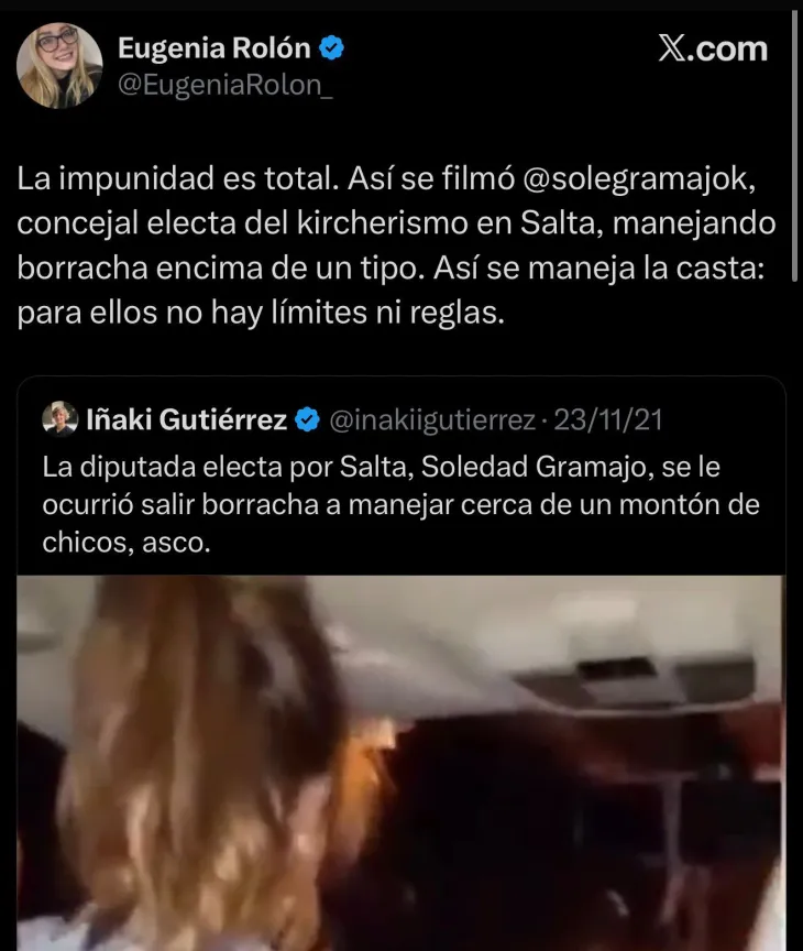 El tweet de Eugenia Rolón contra una concejal kirchnerista por manejar alcoholizada.