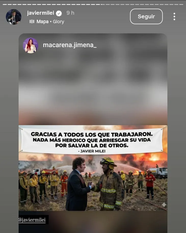 Imagen generada por IA compartida por Javier Milei sobre los incendios en la Patagonia.