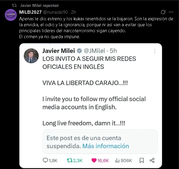 Milei culp&oacute; al kirchnerismo por la suspensi&oacute;n de su cuenta de X en ingl&eacute;s.