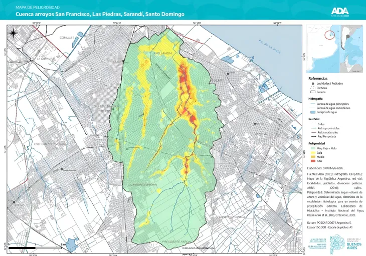 Mapa de peligrosidad h&iacute;drica de la provincia de Buenos Aires para las cuencas de Sarand&iacute; y Santo Domingo.