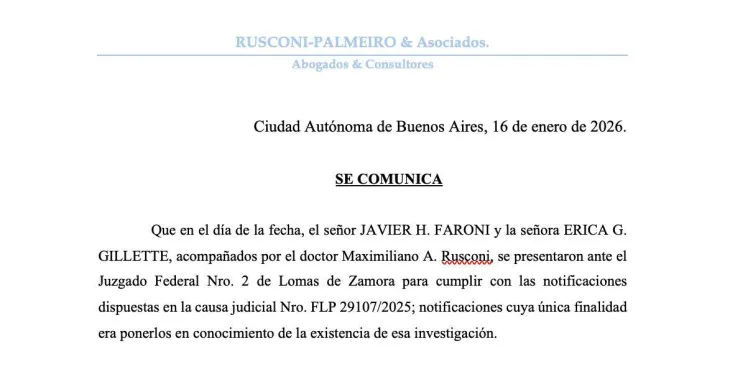 El abogado Maximiliano Rusconi asumi&oacute; formalmente la defensa de Faroni y Gillette.
