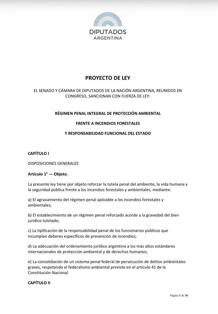 Facs&iacute;mil del proyecto de ley "R&eacute;gimen Penal Integral de Protecci&oacute;n Ambiental".