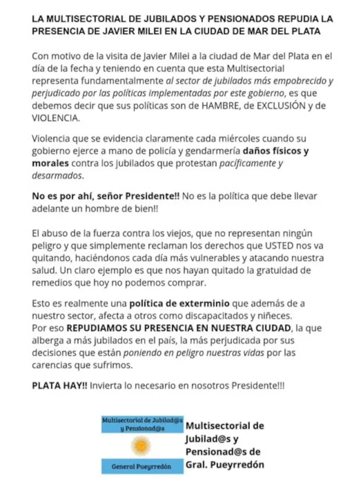 Comunicado de jubilados de Mar del Plata contra la visita de Javier Milei.