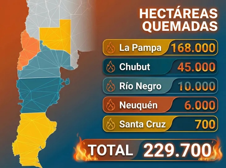Gr&aacute;fico que muestra las 230 mil hect&aacute;reas afectadas por el fuego en el sur argentino.