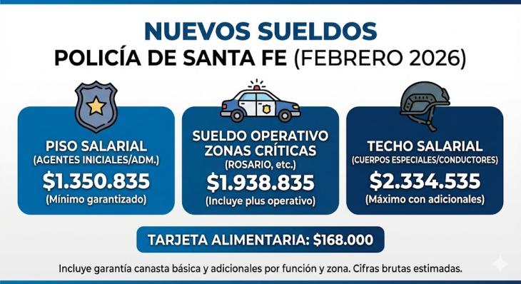 Cuadro comparativo de los nuevos sueldos de la polic&iacute;a de Santa Fe seg&uacute;n funciones.