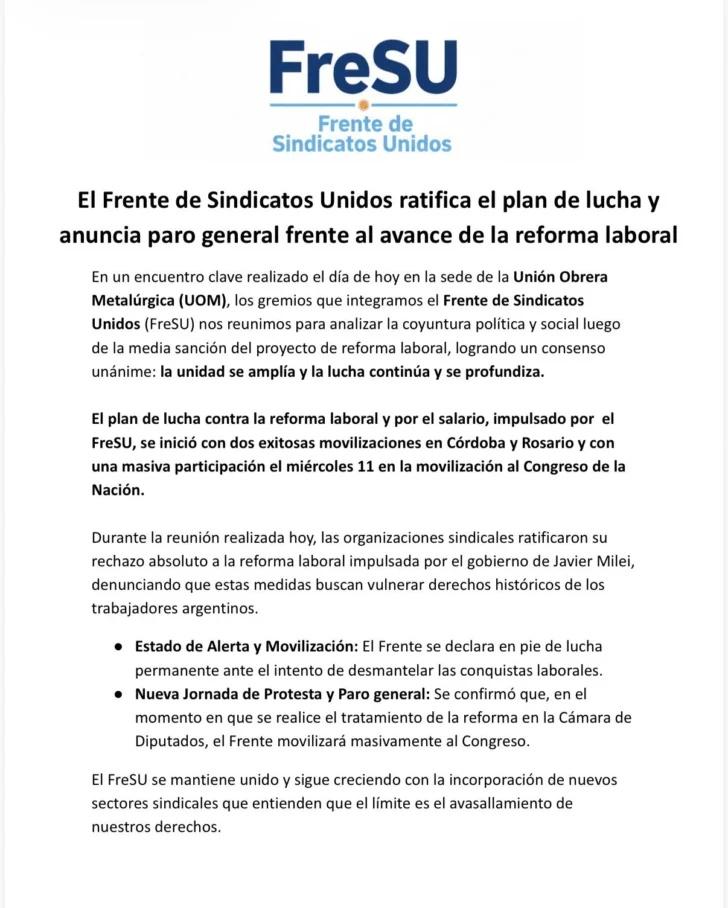 Comunicado del Frente de Sindicatos Unidos ratificando el plan de lucha y paro general frente al avance de la reforma laboral.