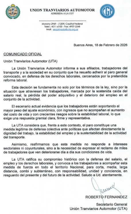Comunicado oficial de la Uni&oacute;n Tranviarios Automotor (UTA) que confirma la adhesi&oacute;n a la huelga.