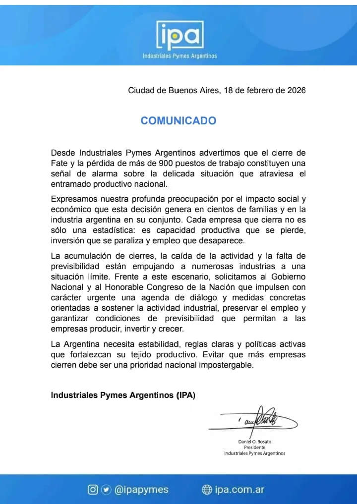 Comunicado de Industriales Pymes Argentinos sobre el cierre de Fate y la situaci&oacute;n industrial.