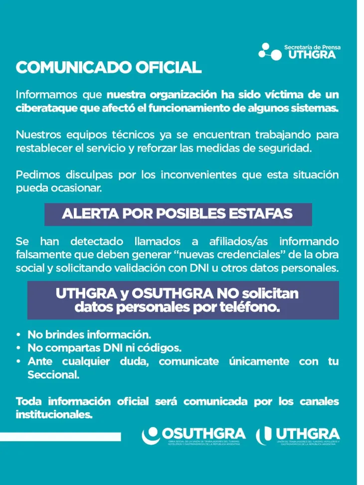 Placa oficial de UTHGRA y OSUTHGRA que advierte que no solicitan datos personales por tel&eacute;fono.