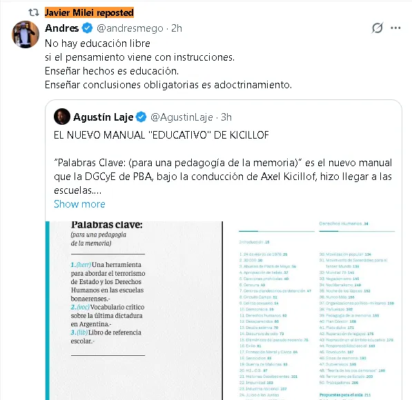 Javier Milei cuestion&oacute; un manual escolar de Axel Kicillof en provincia de Buenos Aires.
