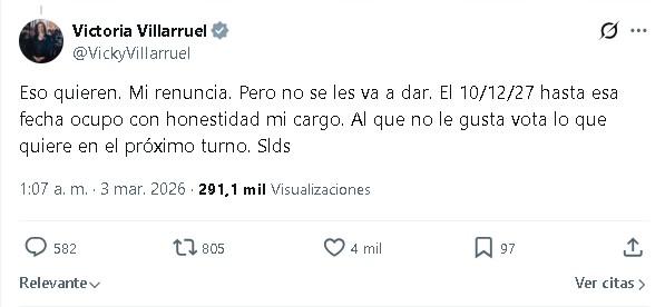 Mensaje de Victoria Villarruel en la red social X confirmando que no dejar&aacute; su cargo.
