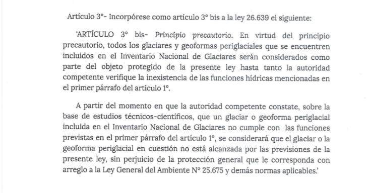 Facs&iacute;mil del Art&iacute;culo 3 bis del proyecto aprobado por el Senado, resaltando la frase "hasta tanto la autoridad competente verifique la inexistencia de las funciones h&iacute;dricas".