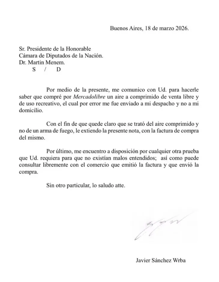 Carta oficial de Javier S&aacute;nchez Wrba a la presidencia de la C&aacute;mara de Diputados.