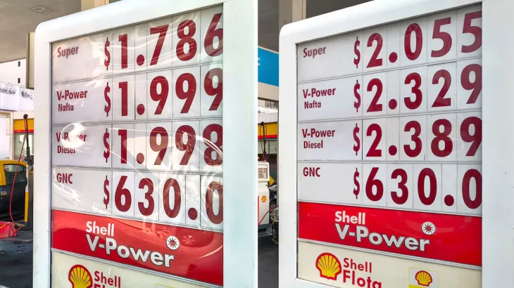 Surtidor de combustible mostrando el precio del litro de nafta superando los 2.000 pesos.