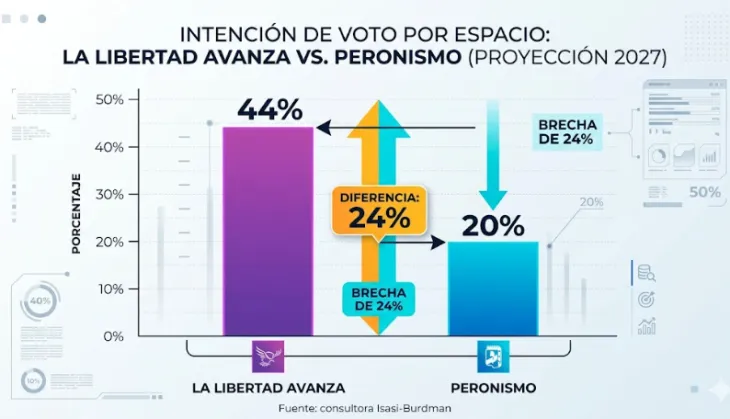 Gr&aacute;fico de intenci&oacute;n de voto por espacio pol&iacute;tico en Argentina seg&uacute;n Isasi-Burdman.