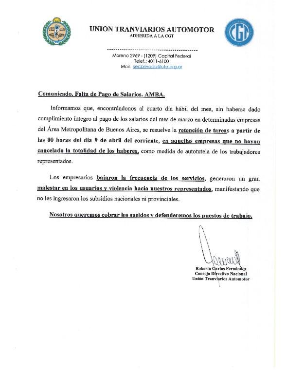 El gremio UTA anunci&oacute; retenci&oacute;n de tareas por salarios impagos.