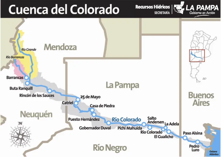 El Río Colorado nace en los glaciares cordilleranos y provee agua potable a La Pampa.