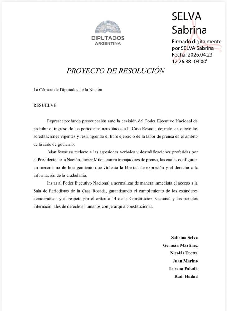 Documento del Proyecto de Resoluci&oacute;n presentado por Sabrina Selva para reabrir la Sala de Periodistas.