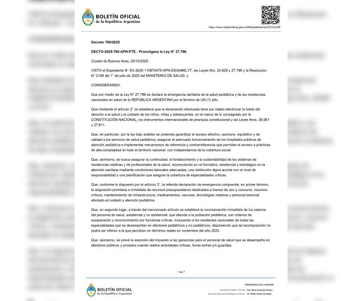 Captura del Boletín Oficial con el Decreto 760/2025 que promulgó la Ley 27.796