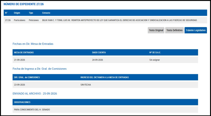 Ficha del expediente P-27/26 del Senado de la Nación con fecha de ingreso 21 de septiembre y envío al archivo el 25 de septiembre de 2026
