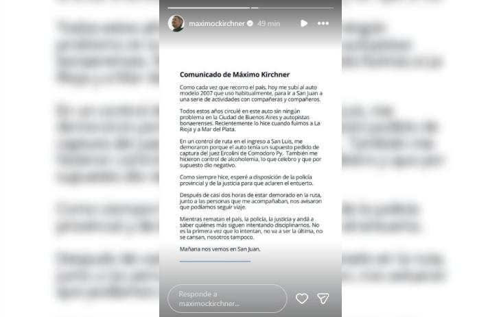 Historia de Instagram de Máximo Kirchner con el comunicado que difundió tras ser demorado en San Luis.