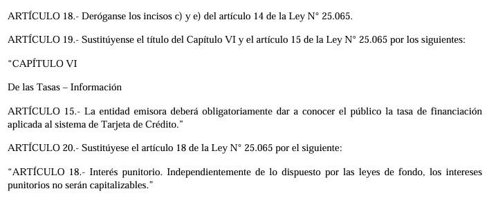 Artículos del DNU 70/2023 que modificaron la Ley de Tarjetas de Crédito