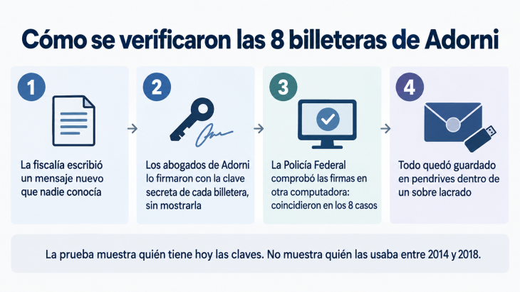 Infograf&iacute;a con los 4 pasos de la prueba que verific&oacute; las 8 billeteras de bitcoin de Manuel Adorni en Comodoro Py