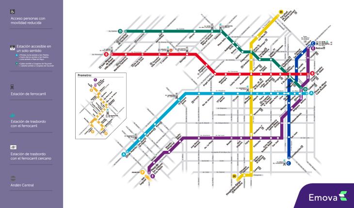 Mapa de la red de subte de Buenos Aires con la Línea A y sus combinaciones