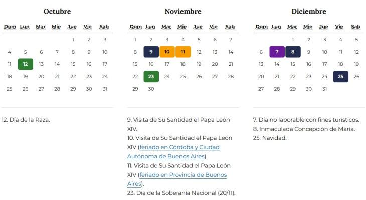 Calendario oficial de feriados 2026 con el 12 de octubre como Día de la Raza