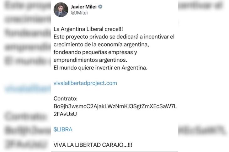 Posteo de Javier Milei en X promocionando $LIBRA