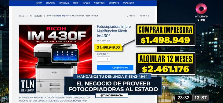 Placa de Canal 9 que compara el precio de compra y el de alquiler anual de una fotocopiadora Ricoh IM 430F.