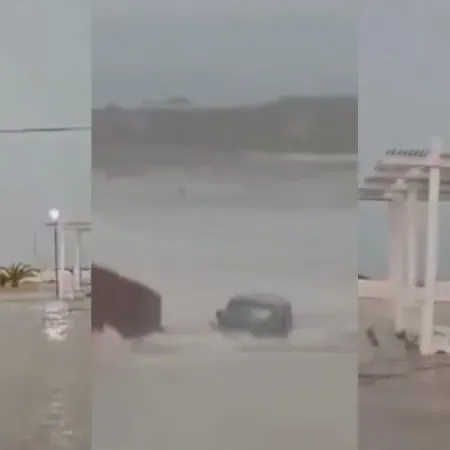 Fuerte temporal en Las Grutas: el agua arrastró un vehículo al mar