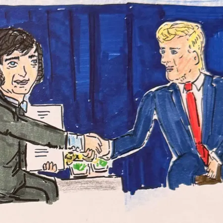 Milei en Estados Unidos: los pintorescos dibujos con Trump, Karina y la comitiva