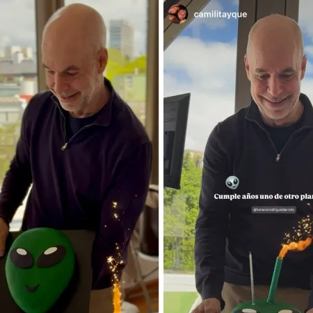 La torta alien y el retrato sorpresa en el cumpleaños de Larreta