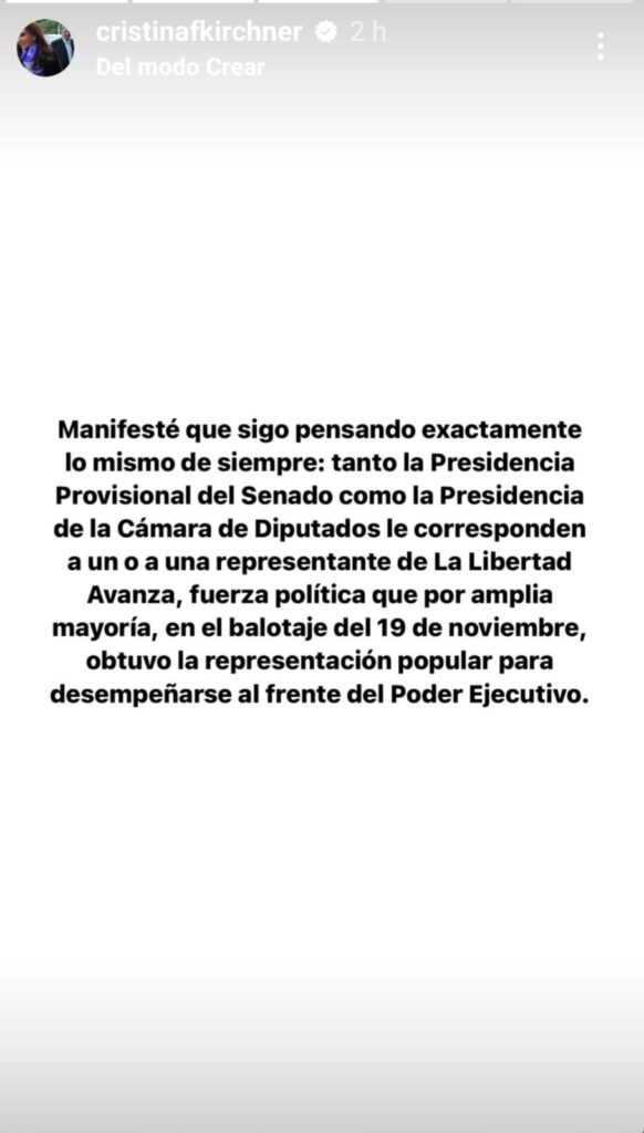Para Cristina Fernández, la presidencia del Senado y de Diputados deberían ser de LLA