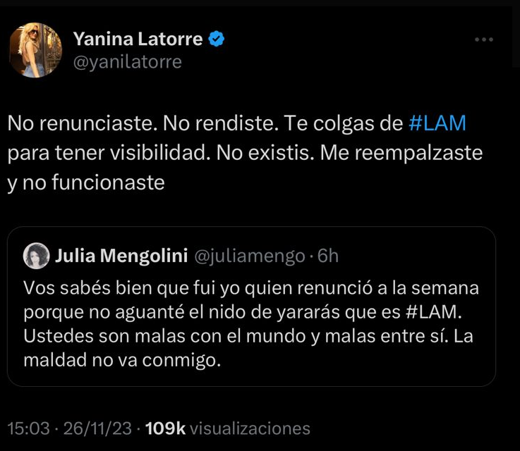Yanina Latorre vs Julia Mengolini: se acusaron de 